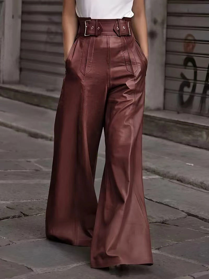 High-waisted Loose-fitting PU Leather Flared Pants With Pockets