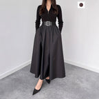 Womens Solid-Color V-Neck French-Style Elegant Long-Sleeve Dress