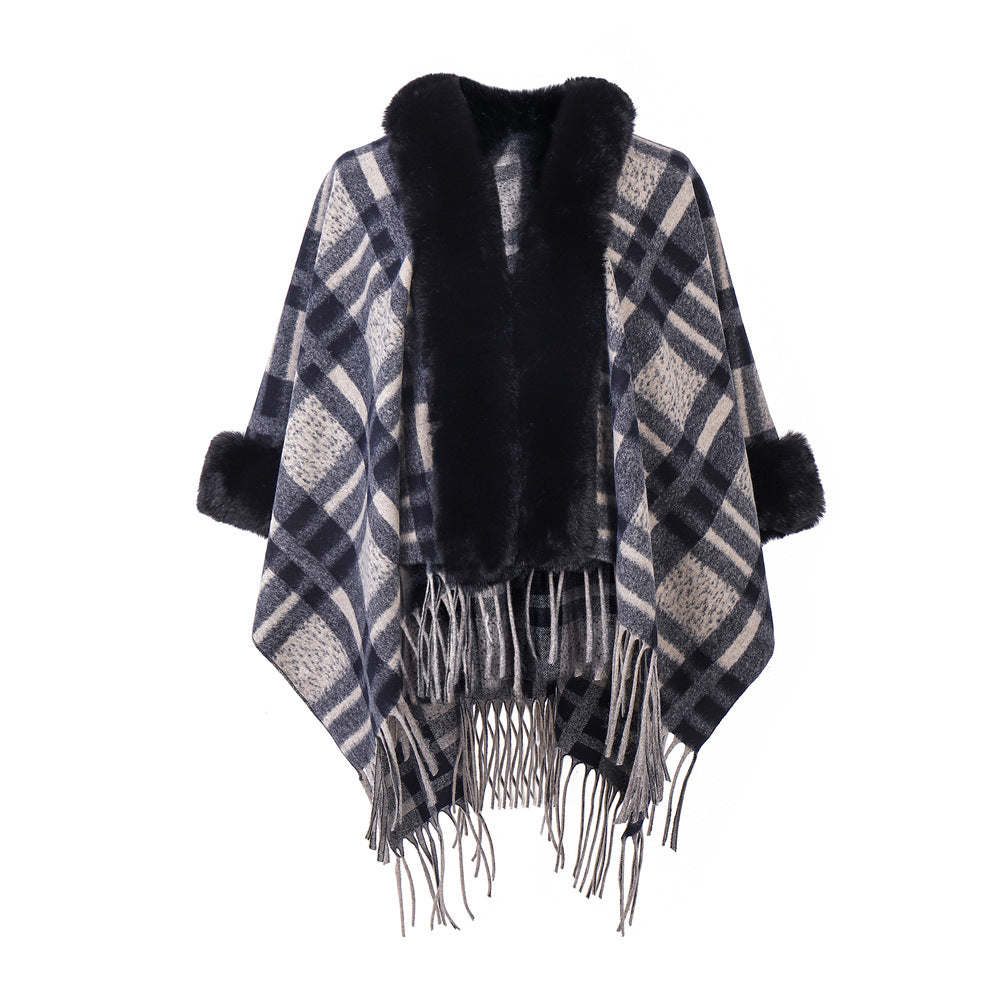 Plaid Navy Blue Fur Collar Shawl Warm