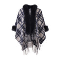 Plaid Navy Blue Fur Collar Shawl Warm