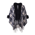 Plaid Navy Blue Fur Collar Shawl Warm