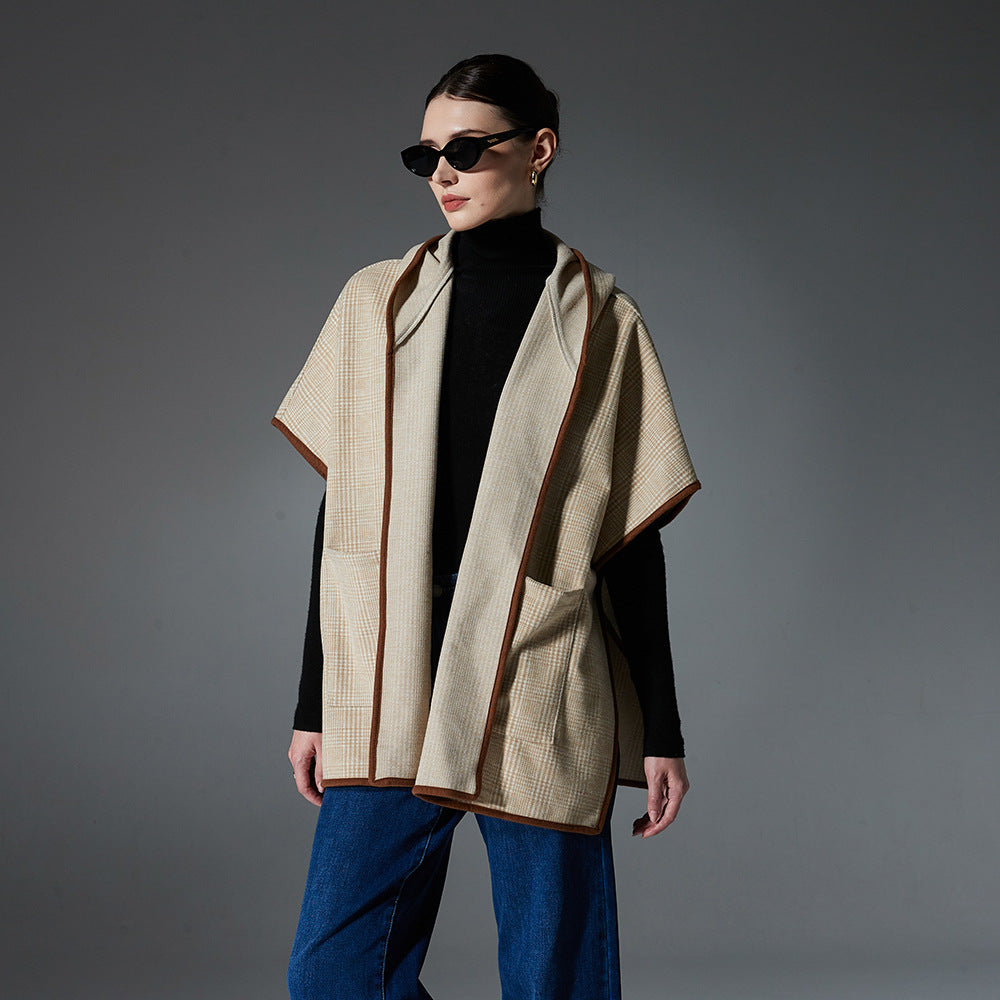 New Double-faced Woolen Goods Plaid Hooded Shawl