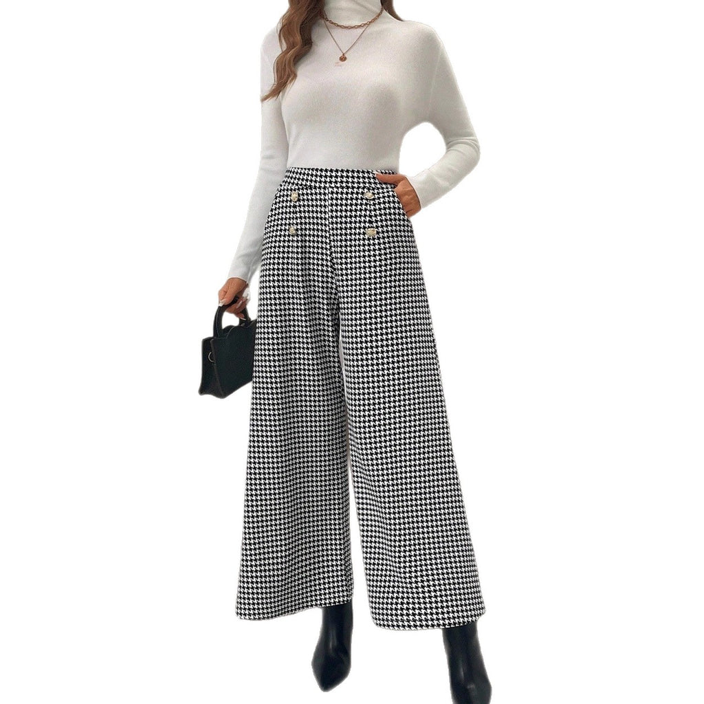 Elegant Houndstooth Wide-leg Cropped Pants