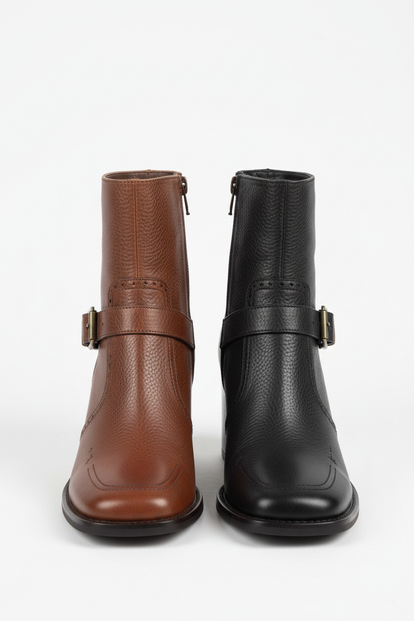 Minimalist studio shot - Women's genuine leather ankle boots with chunky heel