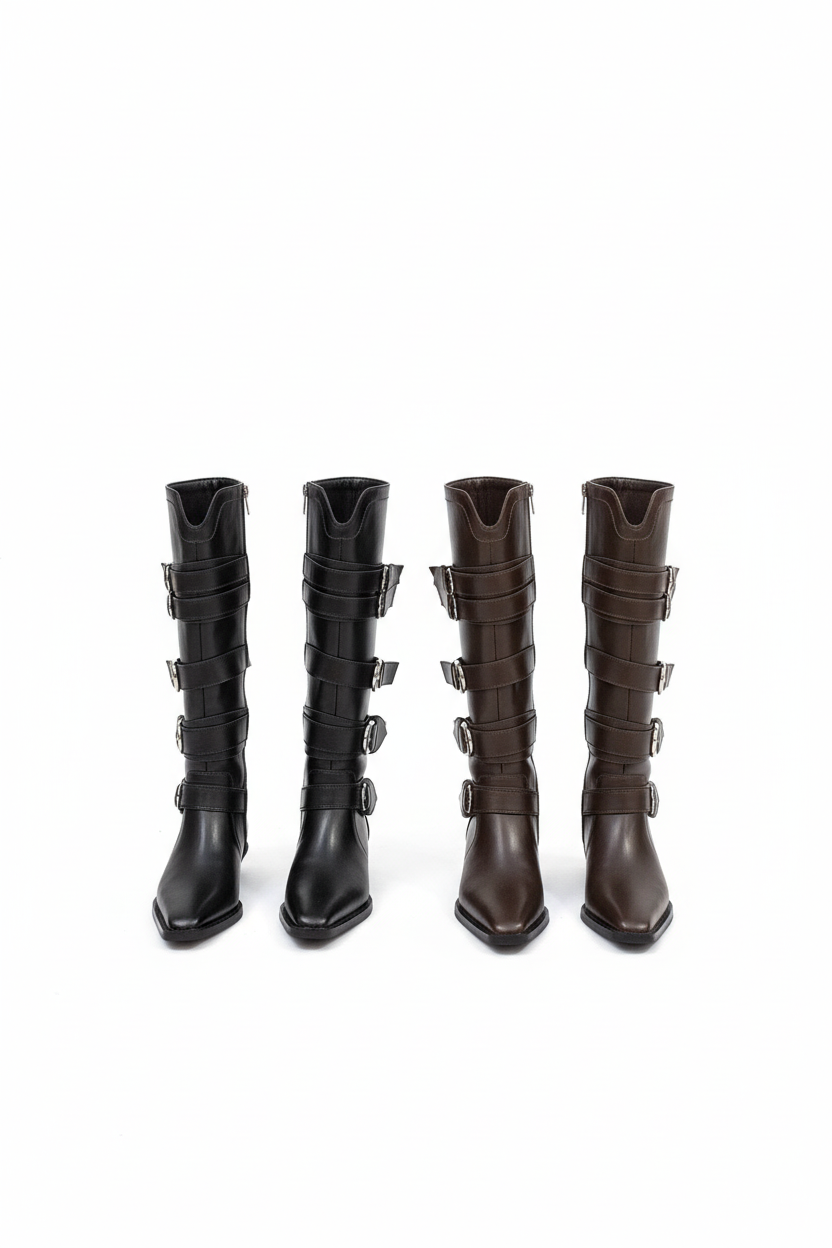 Minimalist studio shot - Maillard brown chunky heel boots