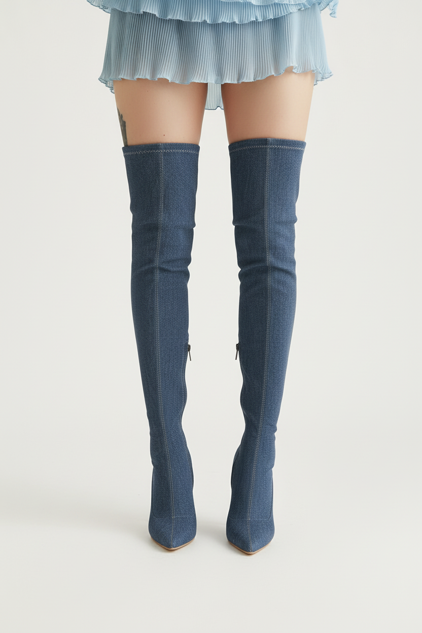 Minimalist studio shot - Denim over-the-knee boots