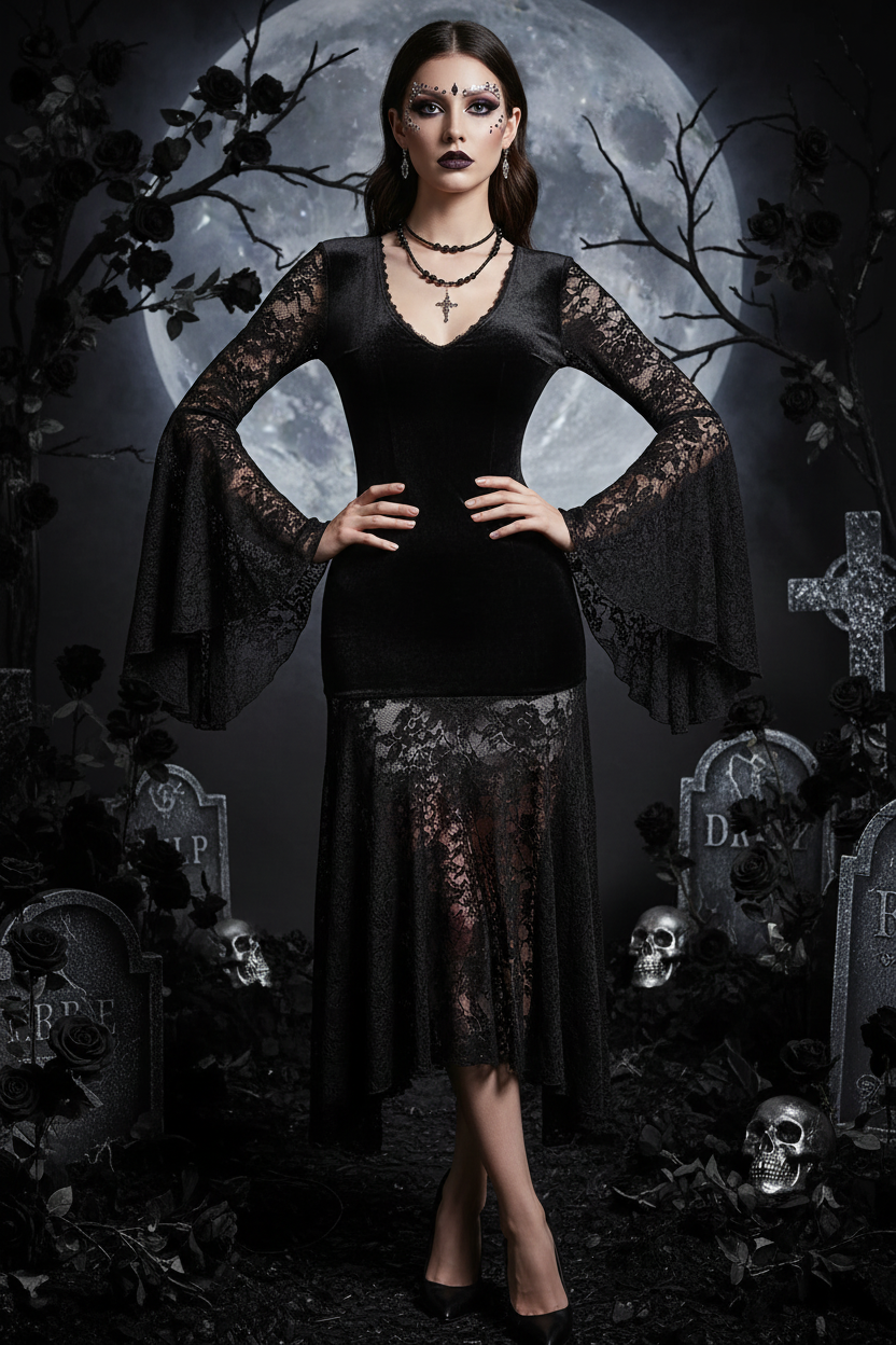 Lace V-Neck Dress – Halloween Editorial 3