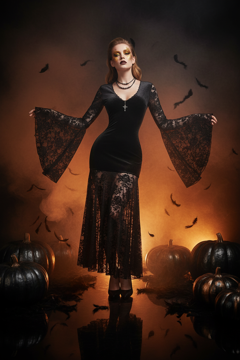 Lace V-Neck Dress – Halloween Editorial 5