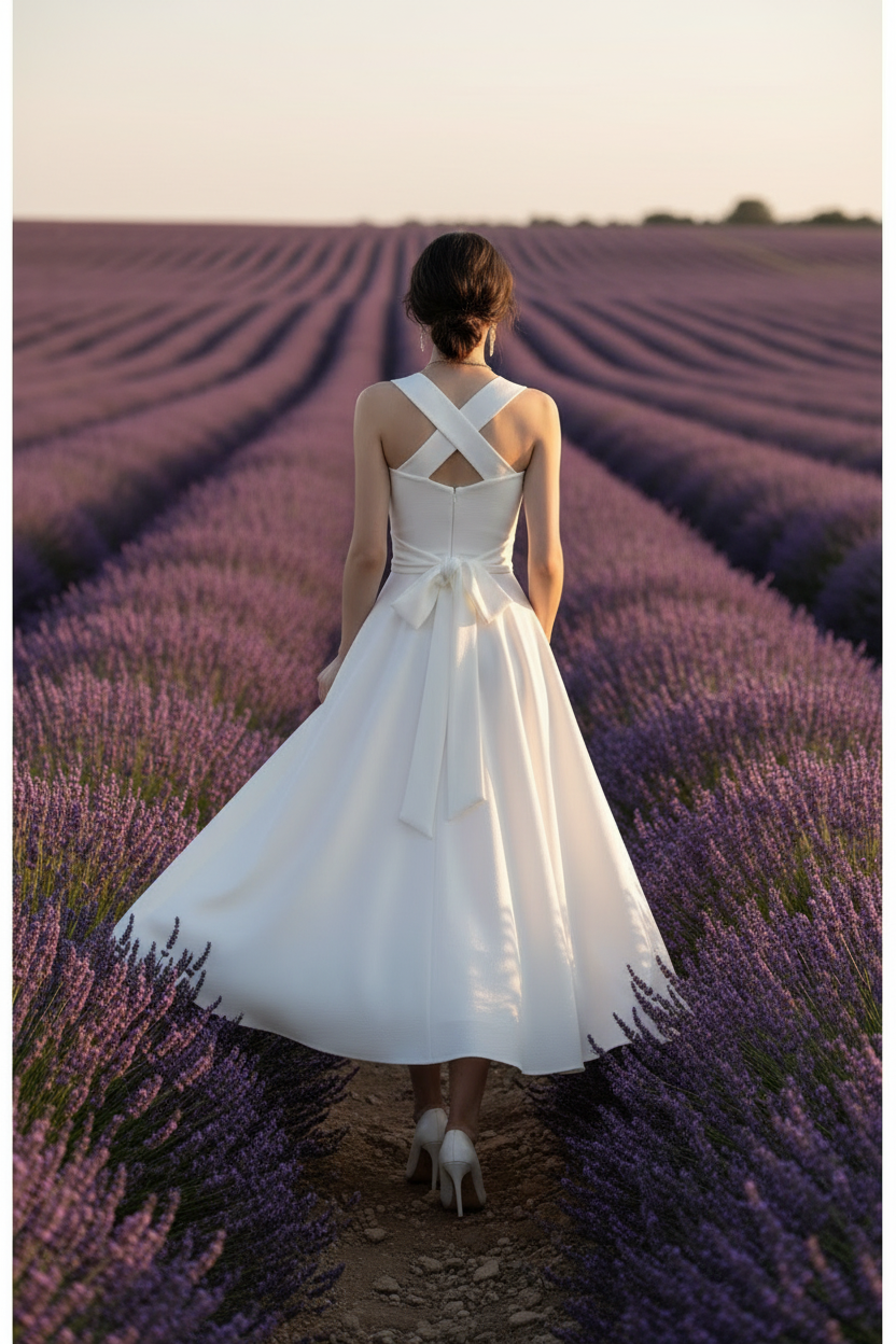 Elara Cross-Back Midi Dress – Elegant White A-Line Dress