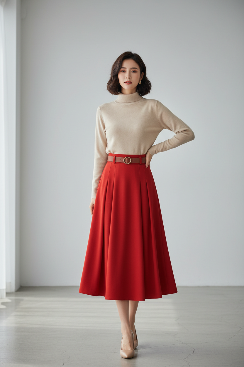 Pure Red Skirt Beige Turtleneck
