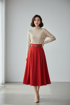 Pure Red Skirt Beige Turtleneck
