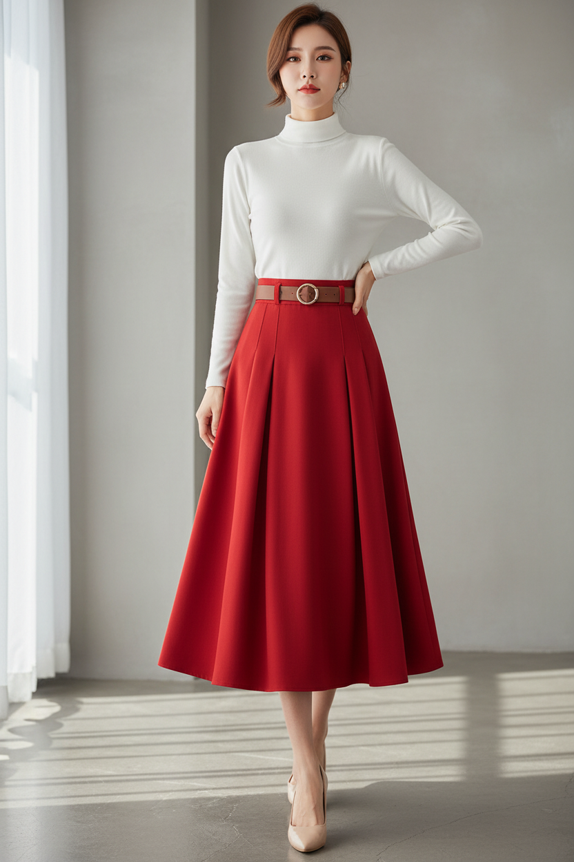 Pure Red Skirt White Turtleneck