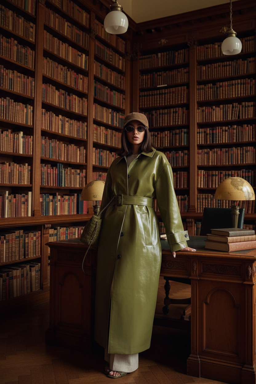 Retro coat in library setting