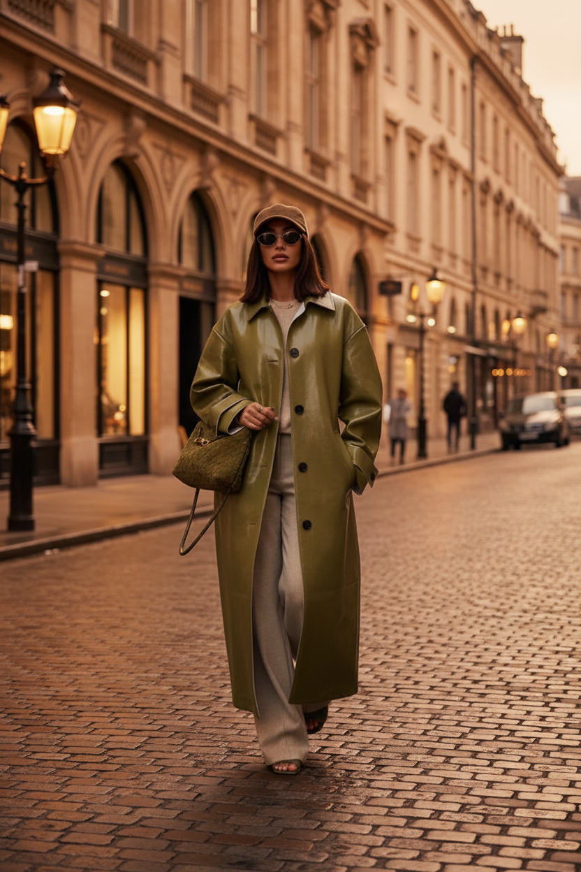 Retro coat on cobblestone street