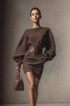 Luxe Knit Belted Mini Dress – Sculpt Fit & Statement Sleeves