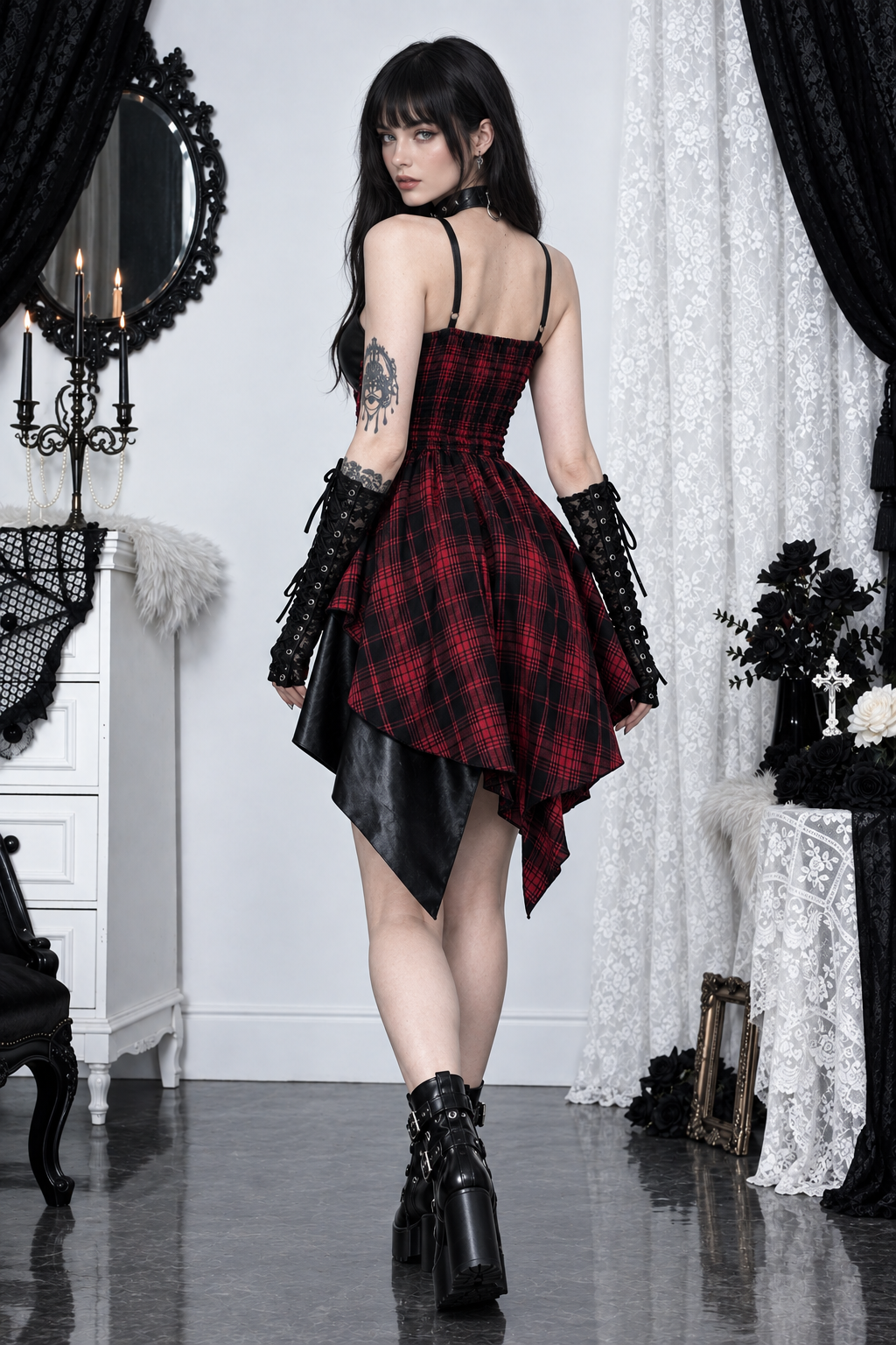 Walking away with an over-the-shoulder look